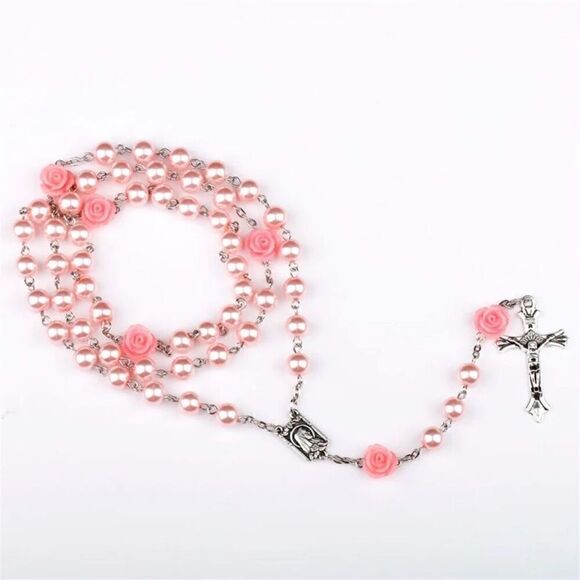 6MM Pink Pearl Beaded Rose Rosary Necklace Women Chain Crucifix Cross Pendant - Picture 2 of 5